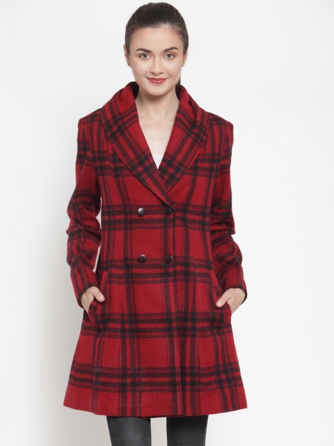 Owncraft Women Red & Black Checked Double-Breasted Longline Woolen Overcoat