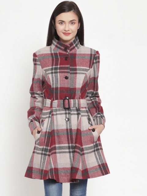 Owncraft Women Maroon & Black Checked Single-Breasted Wool Overcoat