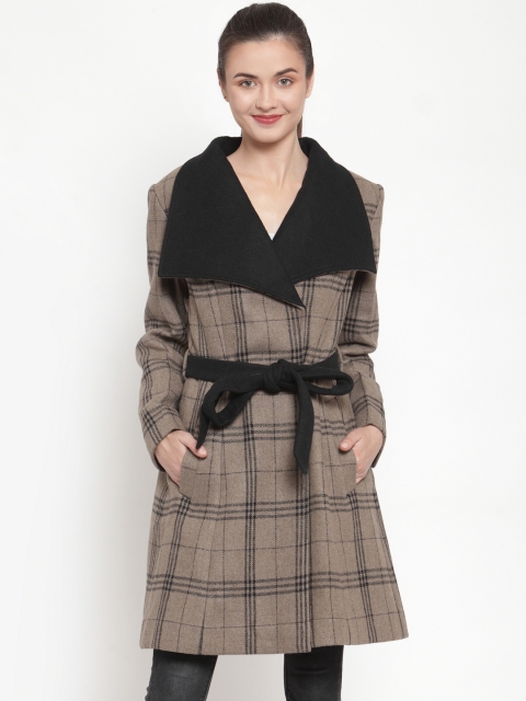 Owncraft Women Brown & Black Checked Single-Breasted Wool Overcoat
