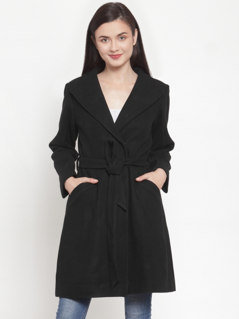 Owncraft Women Black Solid Single-Breasted Longline Wool Overcoat