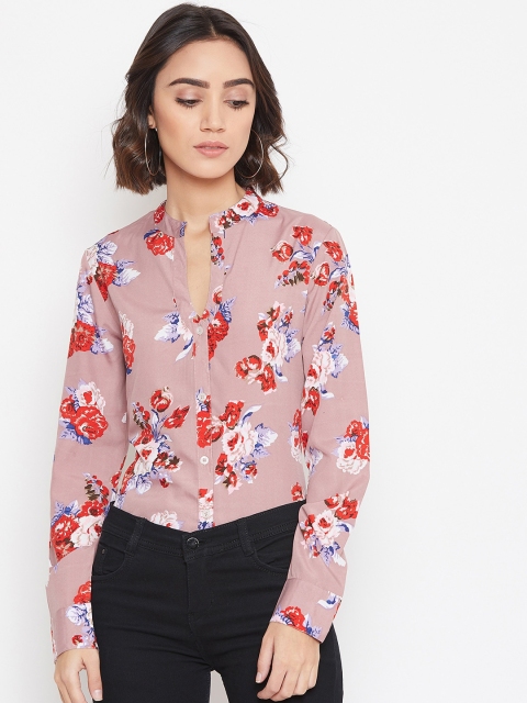 PURYS Women Peach-Coloured & Brown Regular Fit Printed Casual Shirt