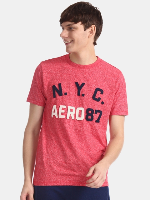 Aeropostale Men Red Solid Round Neck T-shirt with Applique Detail