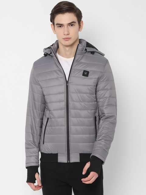 Allen Solly Men Grey Solid Puffer Jacket with a Detachable Hood