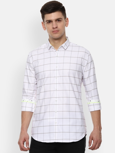 V Dot Men White & Blue Skinny Fit Checked Casual Shirt