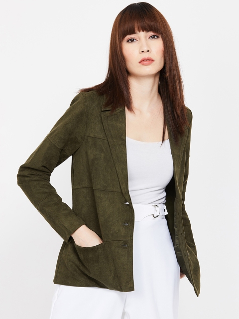 Bossini Women Olive Green Solid Single Breasted Blazers