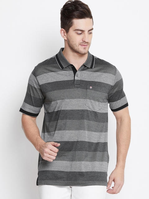 Duke Men Grey Striped Polo Collar T-shirt