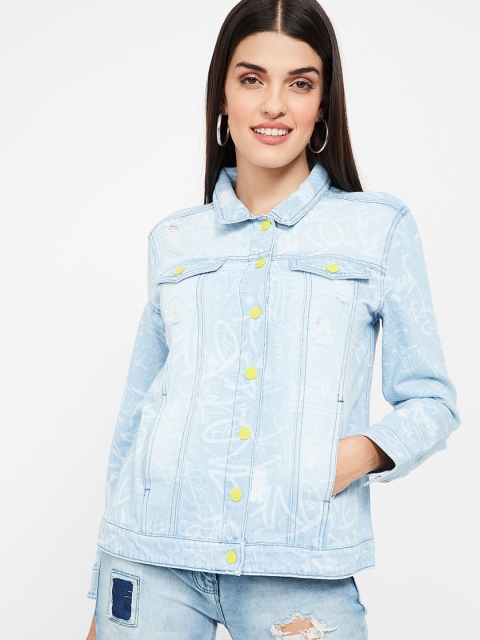 Ginger by Lifestyle Women Printed Denim Jacket Jacket, Blue