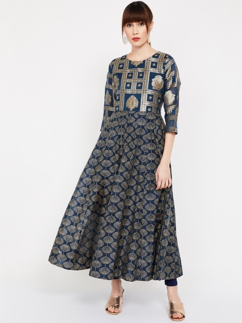 Melange by Lifestyle Women Navy Blue & Gold-Toned Printed A-Line Kurta