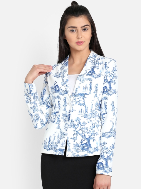 COVER STORY Women White & Blue Printed Single-Breasted Blazer