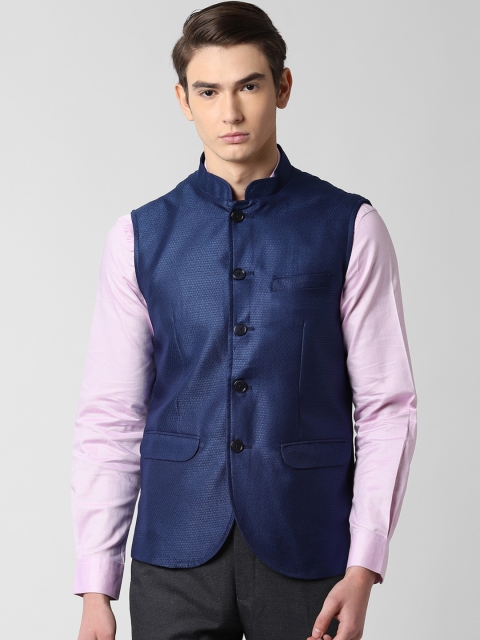 Peter England Men Blue Woven Design Nehru Jacket, Navy blue
