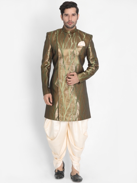 VASTRAMAY Men Brown & Cream-Coloured Woven Design Sherwani With Dhoti