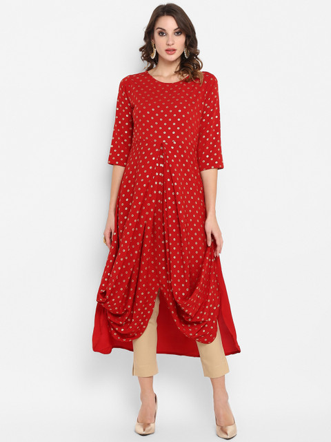 Janasya Women Red Foil Printed Asymmetric A-Line Kurta 
Janasya Women Red Foil Printed Asymmetric A-Line Kurta