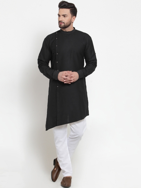 TREEMODA Men Black & White Solid Linen Kurta with Pyjamas