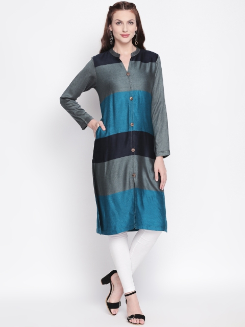 RANGMANCH BY PANTALOONS Women Turquoise Blue & Grey Colourblocked Straight Kurta