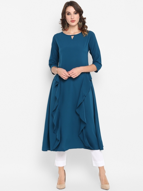 Janasya Women Teal Blue Solid A-Line Kurta