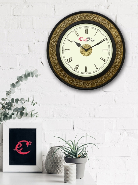 eCraftIndia Gold-Toned & Beige Handcrafted Round Solid 30 cm Analogue Wall Clock