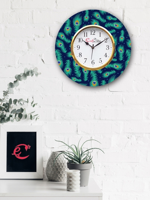 eCraftIndia Blue & Green Handcrafted Round Printed Analogue Wall Clock