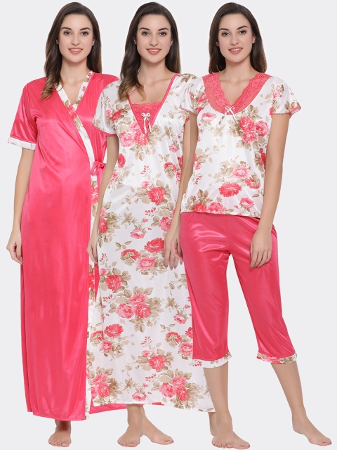 Clovia Women Pack Of 4 Pink & White Printed Nightdress