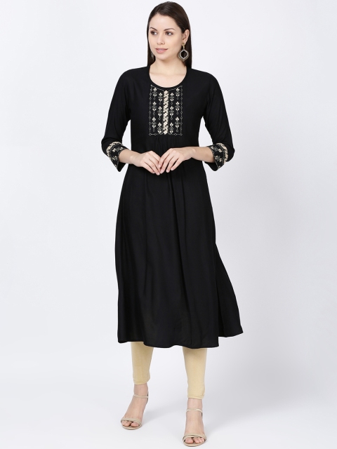 Soch Women Black & Cream-Coloured Embroidered A-Line Kurta