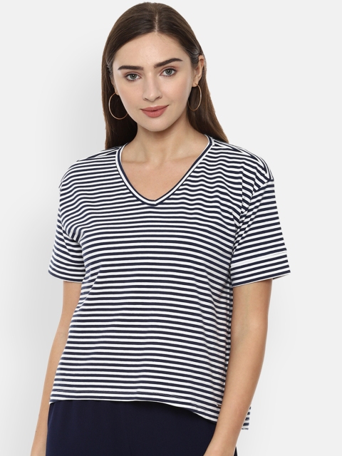 Van Heusen Woman White & Navy Blue Striped V-Neck T-shirt