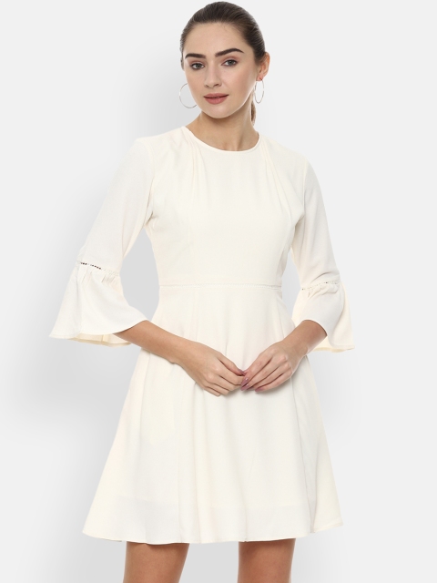 Van Heusen Woman Cream-Coloured Solid Fit and Flare Dress