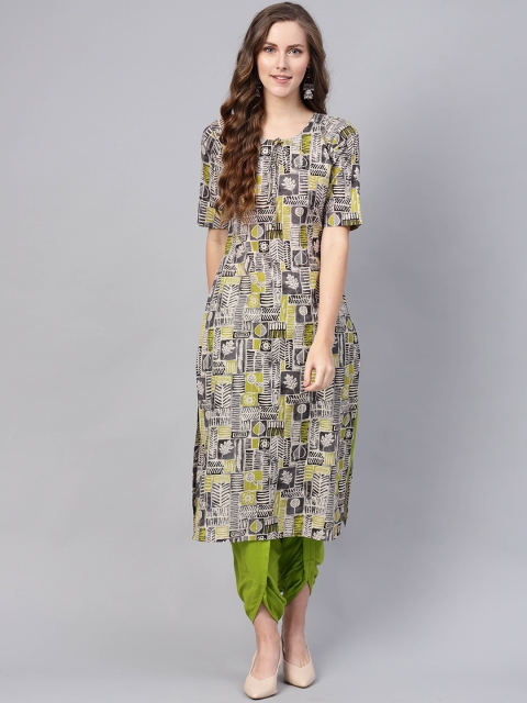 Indo Era Women Green & Grey Printed Straight Kurta