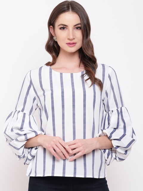 Mayra Women White & Grey Striped A-Line Top