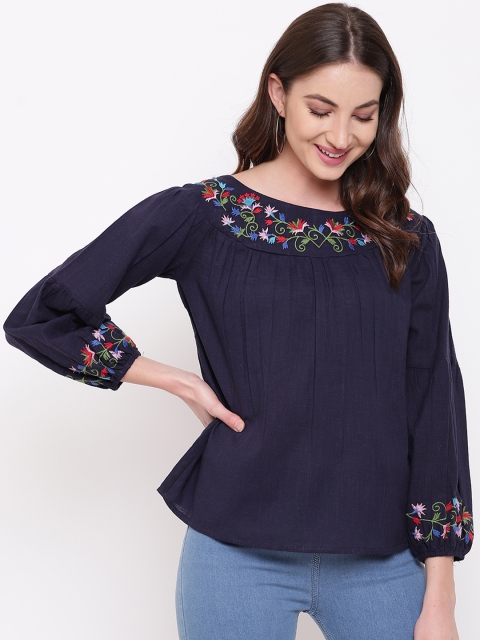 Mayra Women Navy Blue Solid A-Line Top
