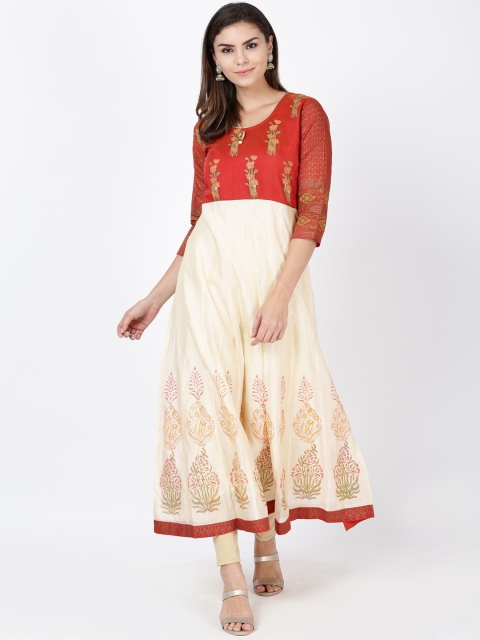 Soch WomenCream-Coloured & Red Floral Print Chanderi Silk Anarkali Kurta, Cream