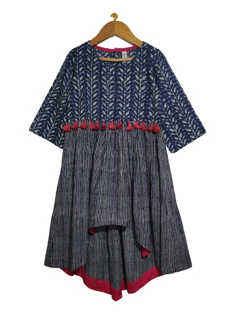 KiddoPanti Girls Navy Blue & Grey Printed A-Line Kurta