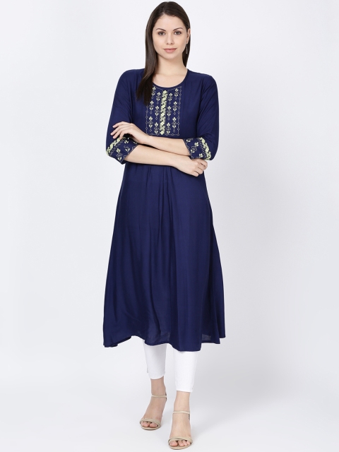 Soch Women Navy Blue Embroidered A-Line Kurta