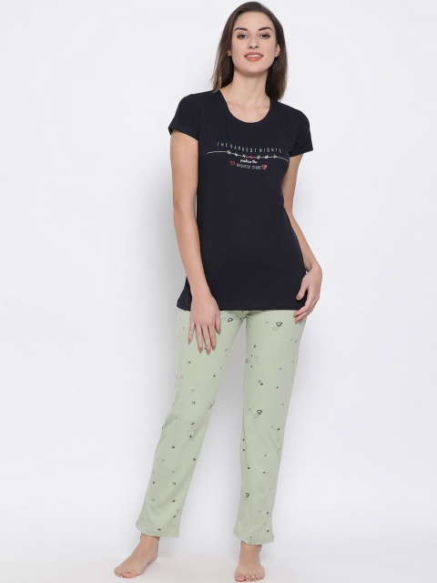 Clovia Women Navy Blue & Green Printed Night suit