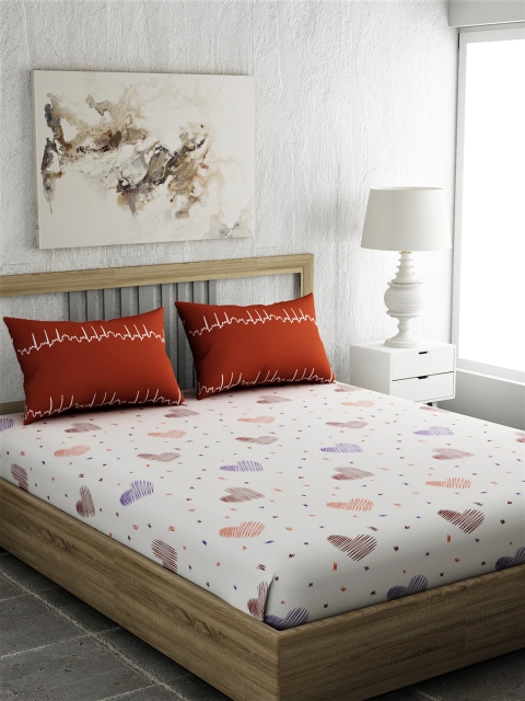 EverHOME White & Red Conversational 210 TC Cotton 1 Queen Bedsheet with 2 Pillow Covers
