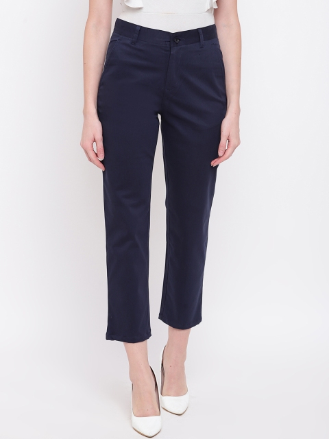 Mayra Women Navy Blue Straight Fit Solid Regular Trousers