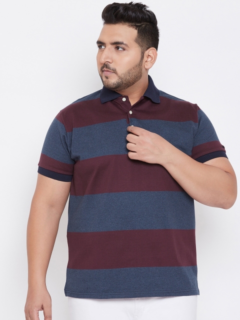 bigbanana Plus Size Men Grey Striped Polo Collar T-shirt