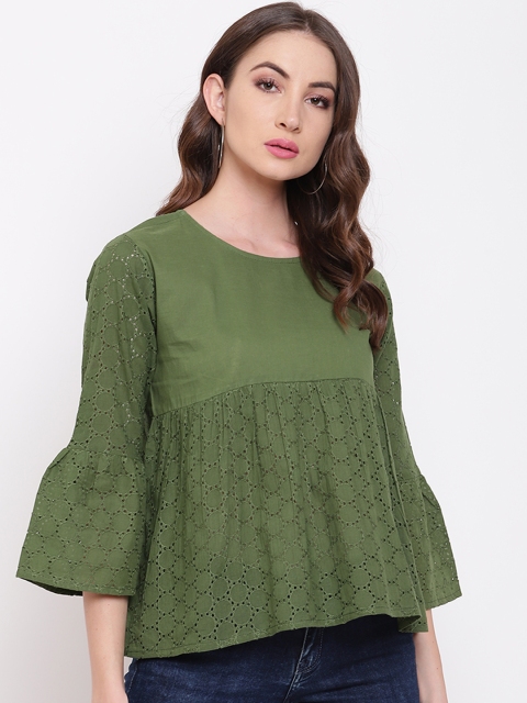 Mayra Women Green Schiffli Embroidered Empire Top
