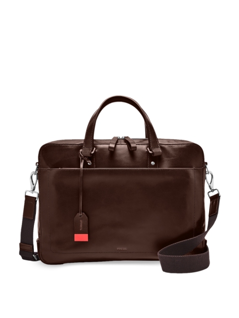 Fossil Men Brown Solid Leather Laptop Bag
