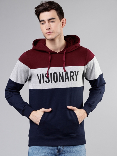 LOCOMOTIVE Men Maroon & Navy Blue Colourblocked Hooded Sweatshirt