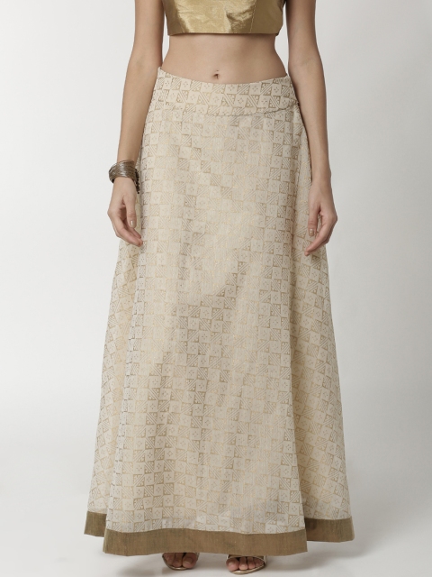 De Moza Women Beige Foil Printed Flared Jacquard Maxi Skirt