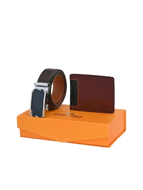 Pacific Gold Men Coffee Brown & Maroon Belt & Wallet Accessory Gift Set