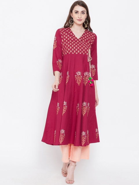 Bitterlime Women Maroon & Beige Block Print A-Line Angrakha Kurta