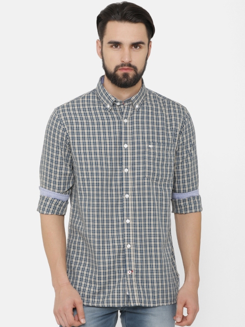 Bar Harbour Men Teal Blue & Beige Slim Fit Checked Casual Shirt