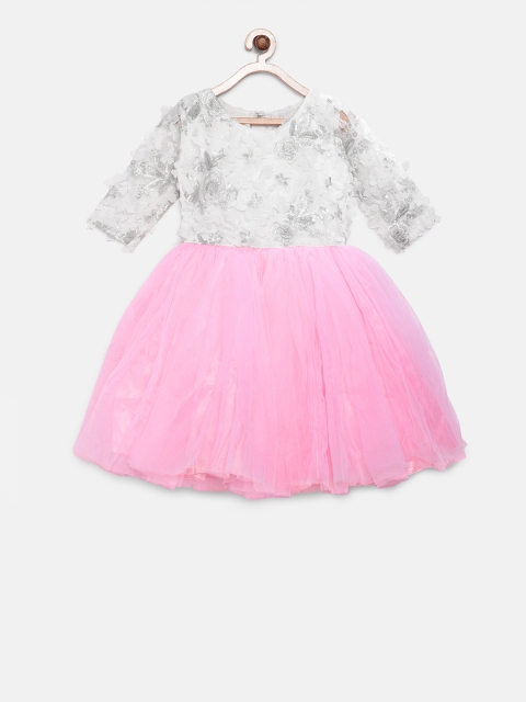 TALES & STORIES Girls White & Pink Embellished Fit and Flare Dress