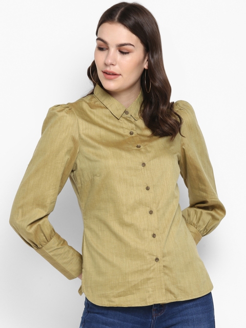 FOSH Women Olive Green & Brown Regular Fit Solid Casual Shirt