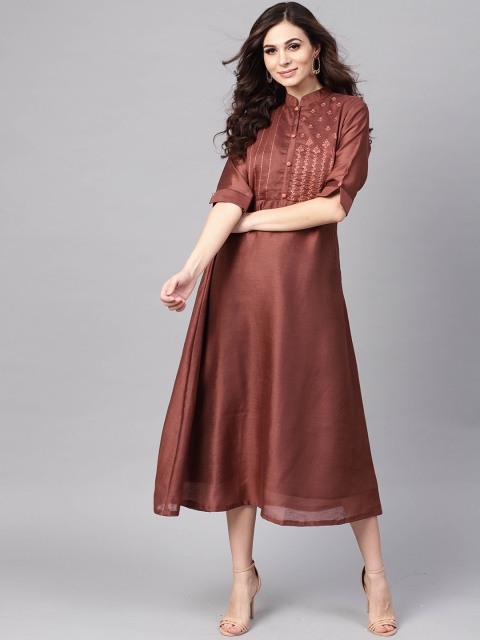 Indo Era Women Brown Solid Fit and Flare Dress