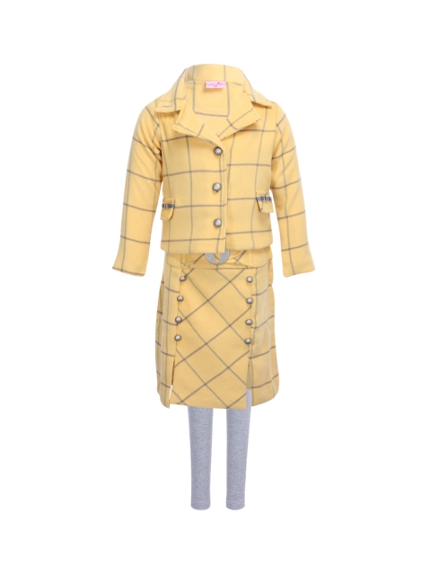 CUTECUMBER Girls Yellow & Grey Checked Coat with Skirt and Leggings