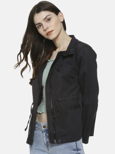 Campus Sutra Women Black Solid Windcheater Denim Jacket