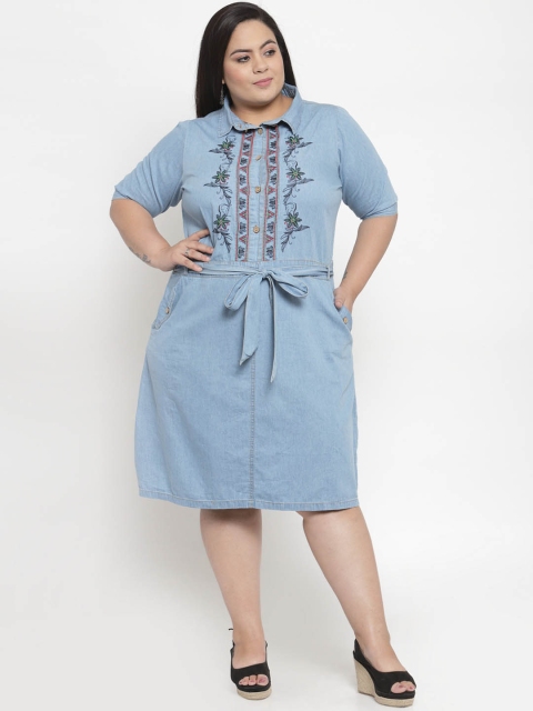plusS Women Blue Printed Shirt Dress