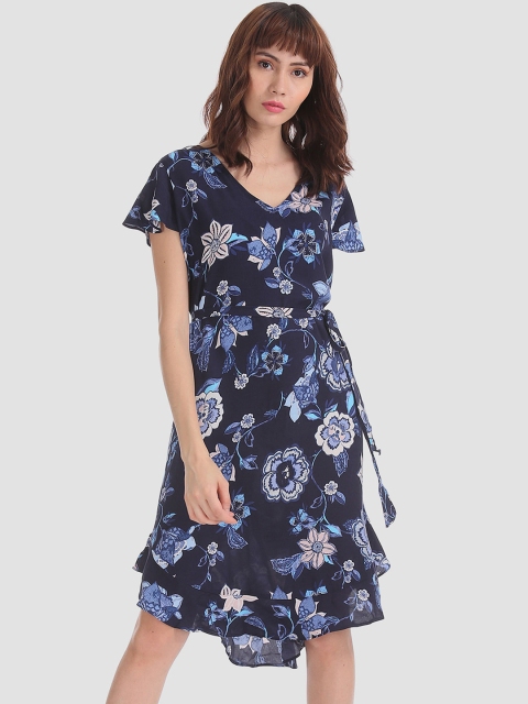 GAP Women Navy Blue Printed Fit and Flare Dress