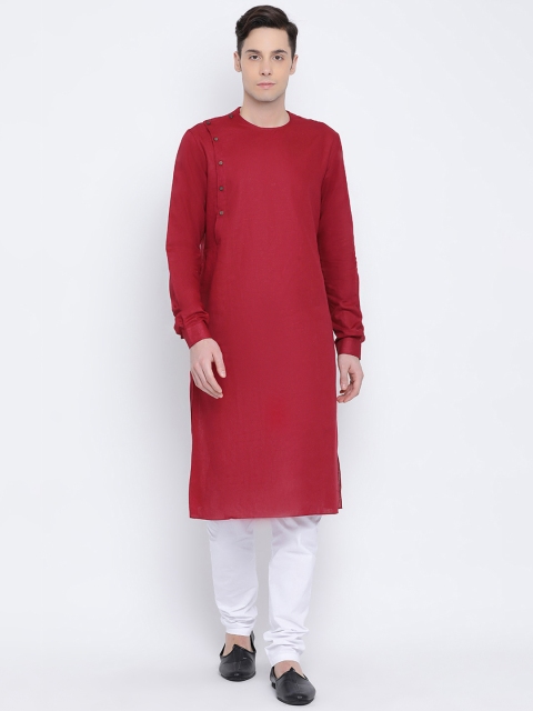 NAMASKAR Men Maroon Solid Straight Kurta